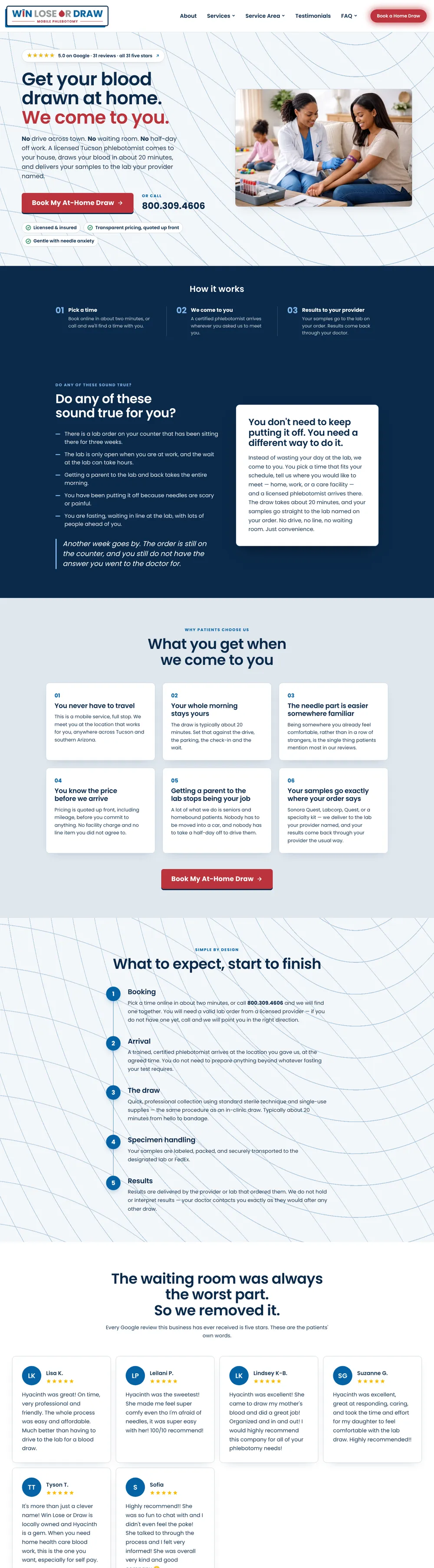 Win Lose or Draw Mobile Phlebotomy home page on a computer